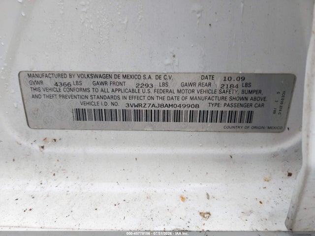 2010 Volkswagen Jetta Se მანქანა იყიდება აუქციონზე, vin: 3VWRZ7AJ8AM049908, აუქციონის ნომერი: 45778156