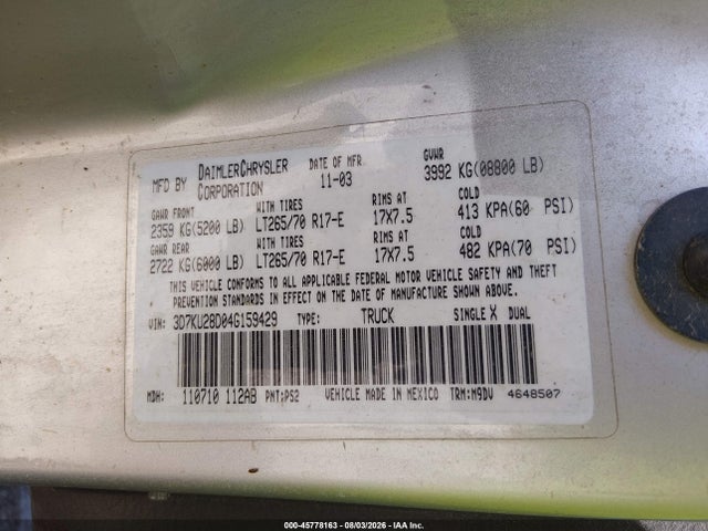 2004 Dodge Ram 2500 Slt/laramie მანქანა იყიდება აუქციონზე, vin: 3D7KU28D04G159429, აუქციონის ნომერი: 45778163