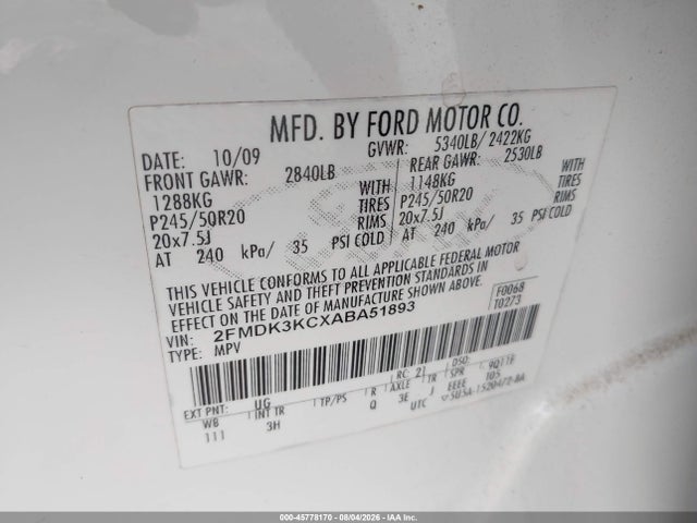 Продаж на аукціоні авто 2010 Ford Edge Limited, vin: 2FMDK3KCXABA51893, номер лоту: 45778170