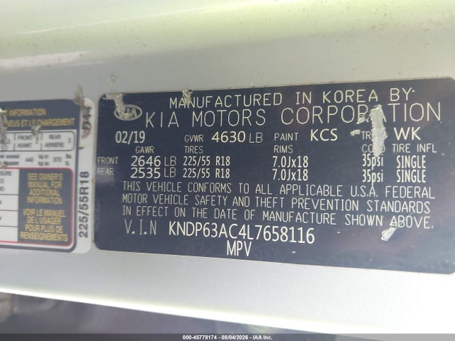 Aukcja sprzedaży 2020 Kia Sportage S, vin: KNDP63AC4L7658116, numer aukcji: 45778174