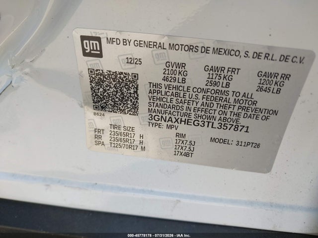 45778178 :رقم المزاد ، 3GNAXHEG3TL357871 vin ، 2026 Chevrolet Equinox Fwd Lt مزاد بيع