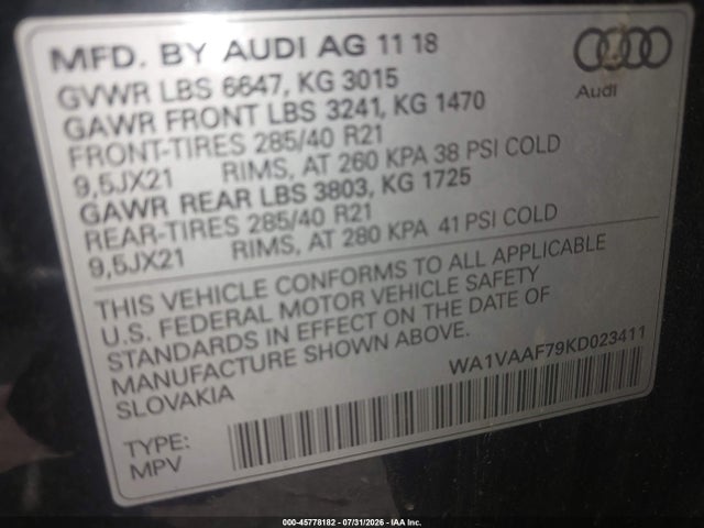 Продаж на аукціоні авто 2019 Audi Q7 55 Premium, vin: WA1VAAF79KD023411, номер лоту: 45778182
