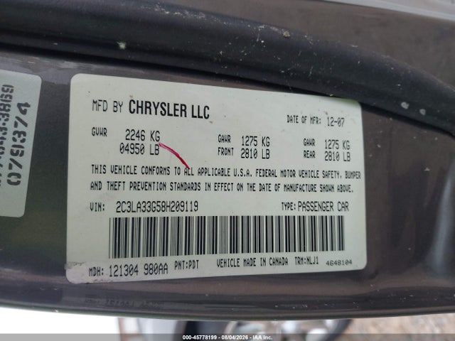 Продажа на аукционе авто 2008 Chrysler 300 Limited, vin: 2C3LA33G58H209119, номер лота: 45778199