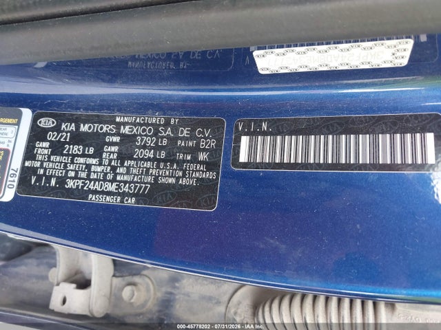 2021 Kia Forte Lxs მანქანა იყიდება აუქციონზე, vin: 3KPF24AD8ME343777, აუქციონის ნომერი: 45778202