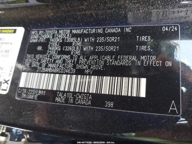 45778220 :رقم المزاد ، 2T2BAMBA8RC034639 vin ، 2024 Lexus Rx 350 Premium Plus مزاد بيع
