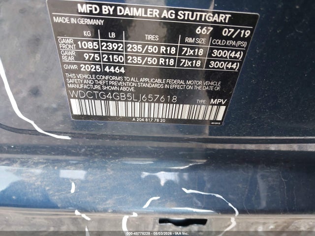 45778228 :رقم المزاد ، WDCTG4GB5LJ657618 vin ، 2020 Mercedes-benz Gla 250 4matic مزاد بيع