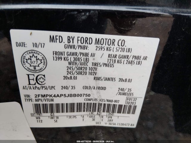 Auction sale of the 2018 Ford Edge Sport, vin: 2FMPK4AP5JBB00750, lot number: 45778230
