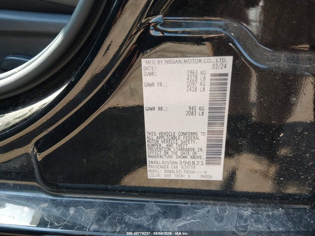 45778237 :رقم المزاد ، 1N4BL4CV5RN396821 vin ، 2024 Nissan Altima Sr Fwd مزاد بيع