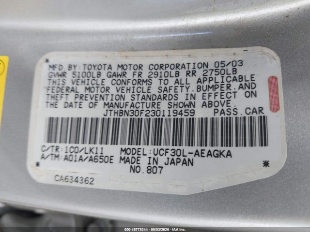 45778244 :رقم المزاد ، JTHBN30F230119459 vin ، 2003 Lexus Ls 430 مزاد بيع