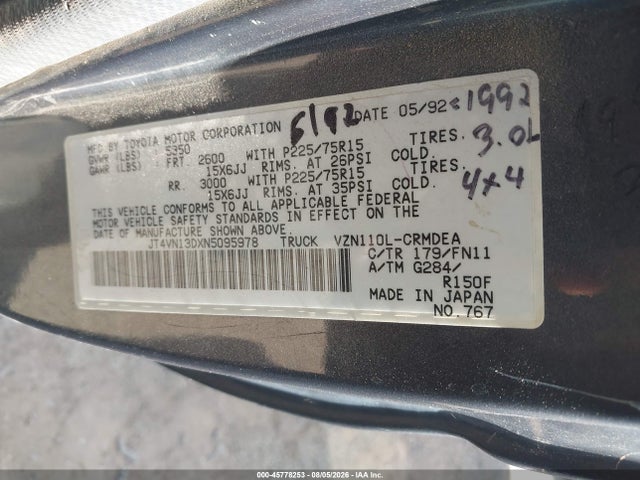 Продажа на аукционе авто 1992 Toyota Pickup 1/2 Ton Ex Lng Whlbse Dlx, vin: JT4VN13DXN5095978, номер лота: 45778253