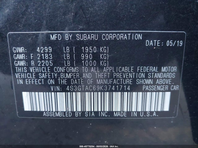 Aukcja sprzedaży 2019 Subaru Impreza 2.0i Premium, vin: 4S3GTAC69K3741714, numer aukcji: 45778254