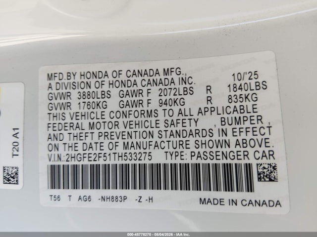 Honda Civic Sport 2026 2HGFE2F51TH533275 Image 9