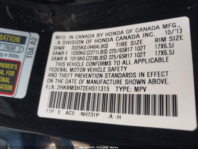 2HKRM3H72EH511315 Honda Cr-v Ex-l
