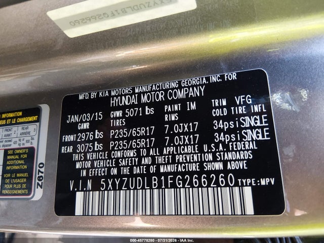 2015 Hyundai Santa Fe Sport 2.4l მანქანა იყიდება აუქციონზე, vin: 5XYZUDLB1FG266260, აუქციონის ნომერი: 45778280