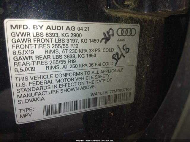 Aukcja sprzedaży 2021 Audi Q7 Premium Plus 45 Tfsi Quattro Tiptronic, vin: WA1LJAF77MD037558, numer aukcji: 45778284