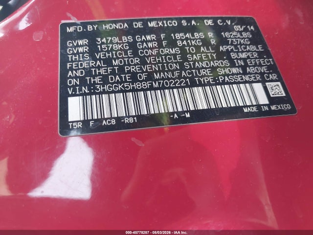 3HGGK5H88FM702221 Honda Fit Ex/ex-l