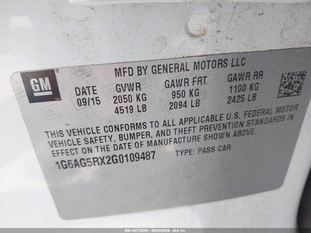 Aukcja sprzedaży 2016 Cadillac Ats Standard, vin: 1G6AG5RX2G0109487, numer aukcji: 45778292