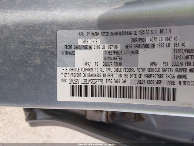 Aukcja sprzedaży 2018 Mazda Mazda3 Touring, vin: 3MZBN1L38JM202778, numer aukcji: 45778306