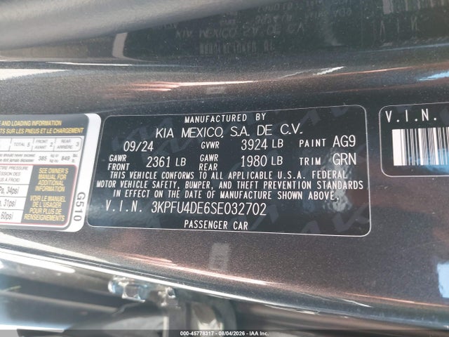 Aukcja sprzedaży 2025 Kia K4 Ex, vin: 3KPFU4DE6SE032702, numer aukcji: 45778317