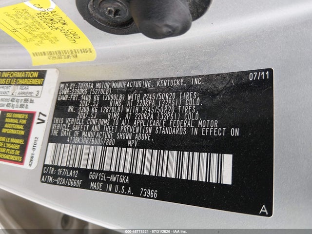 Продажа на аукционе авто 2011 Toyota Venza Base V6, vin: 4T3BK3BB7BU057880, номер лота: 45778321