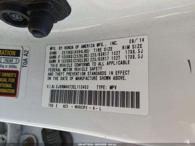 Продаж на аукціоні авто 2014 Honda Cr-v Ex-l, vin: 5J6RM4H73EL110450, номер лоту: 45778324