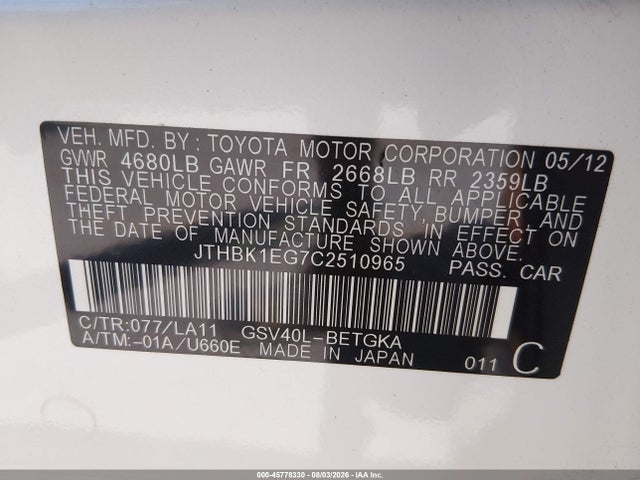 45778330 :رقم المزاد ، JTHBK1EG7C2510965 vin ، 2012 Lexus Es 350 مزاد بيع