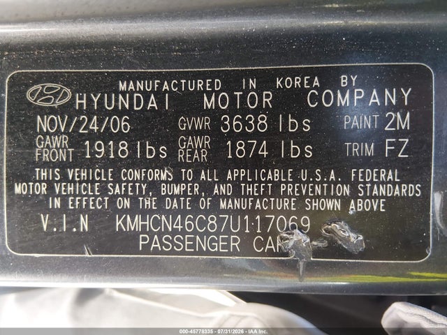 Aukcja sprzedaży 2007 Hyundai Accent Gls, vin: KMHCN46C87U117069, numer aukcji: 45778335