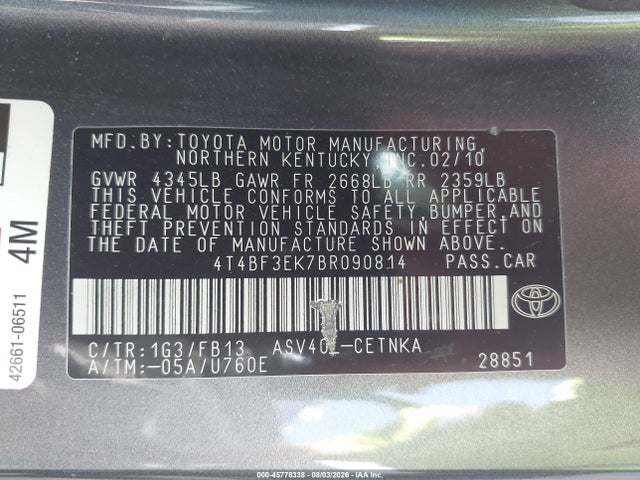 2011 Toyota Camry Le მანქანა იყიდება აუქციონზე, vin: 4T4BF3EK7BR090814, აუქციონის ნომერი: 45778338