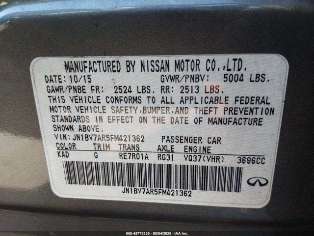 Продажа на аукционе авто 2015 Infiniti Q50 Premium, vin: JN1BV7AR5FM421362, номер лота: 45778339