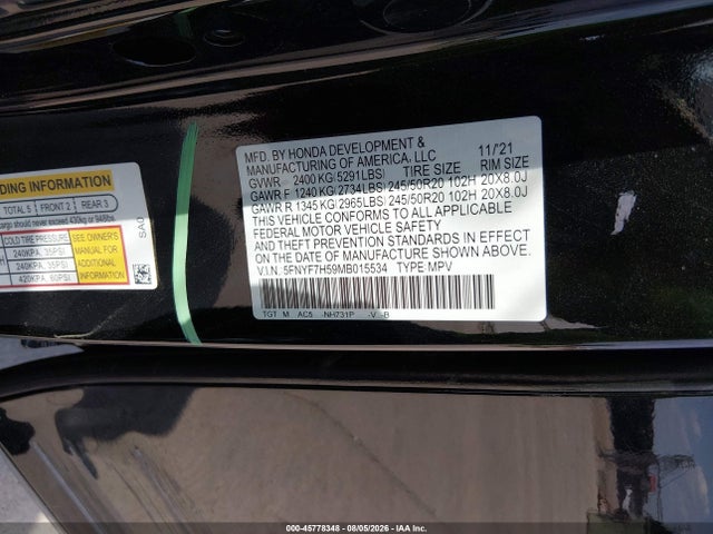 Продаж на аукціоні авто 2021 Honda Passport 2wd Ex-l, vin: 5FNYF7H59MB015534, номер лоту: 45778348