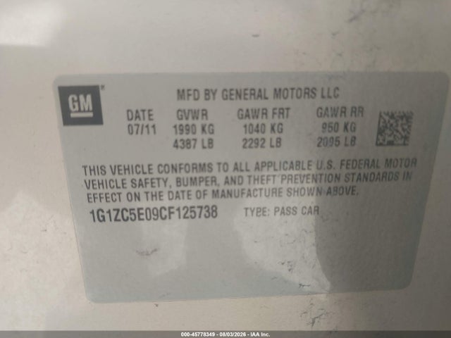 Продажа на аукционе авто 2012 Chevrolet Malibu 1lt, vin: 1G1ZC5E09CF125738, номер лота: 45778349