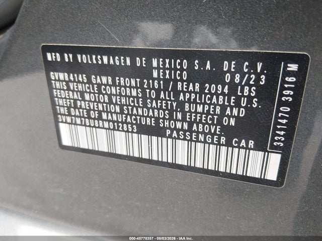 Aukcja sprzedaży 2024 Volkswagen Jetta 1.5t Se, vin: 3VW7M7BU8RM012853, numer aukcji: 45778357