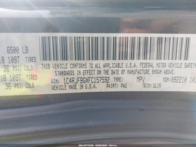 Aukcja sprzedaży 2015 Jeep Grand Cherokee Limited, vin: 1C4RJFBGXFC157592, numer aukcji: 45778359
