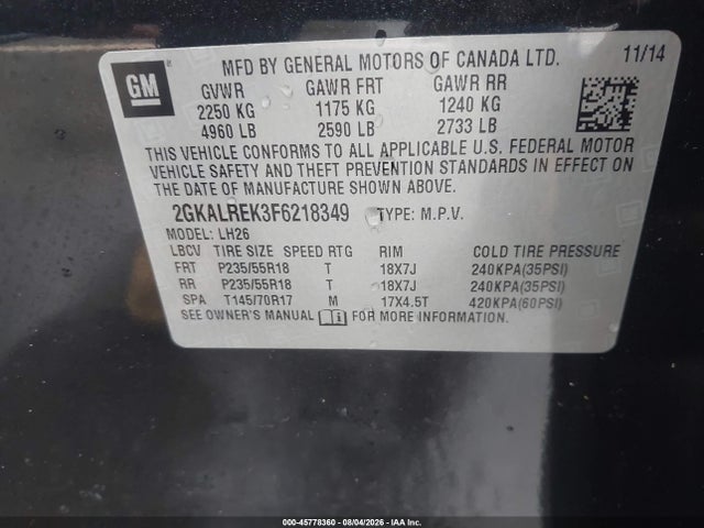 45778360 :رقم المزاد ، 2GKALREK3F6218349 vin ، 2015 Gmc Terrain Sle-2 مزاد بيع