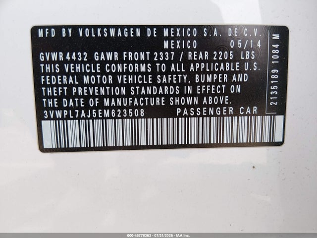 2014 Volkswagen Jetta Sportwagen 2.0l Tdi მანქანა იყიდება აუქციონზე, vin: 3VWPL7AJ5EM623508, აუქციონის ნომერი: 45778363
