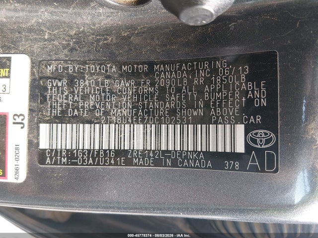 45778374 :رقم المزاد ، 2T1BU4EE7DC102531 vin ، 2013 Toyota Corolla Le مزاد بيع