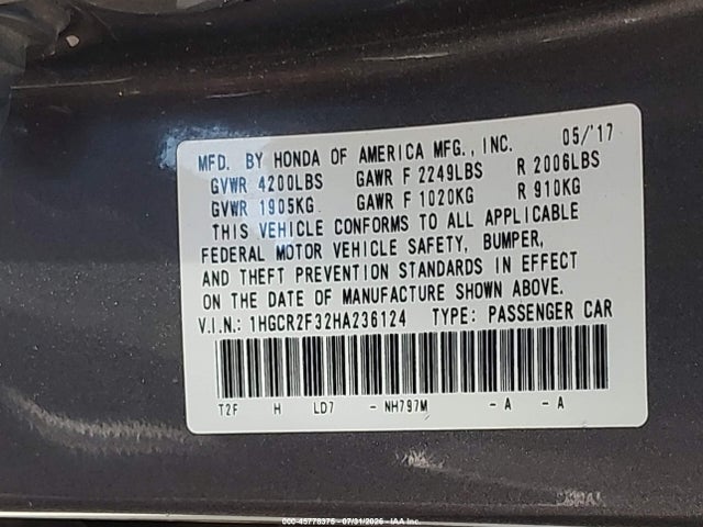 Honda ACCORD LX 2017 1HGCR2F32HA236124 Image 9