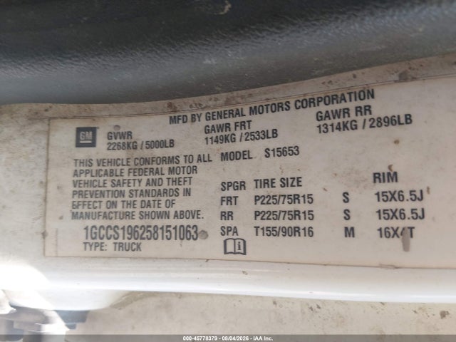 45778379 :رقم المزاد ، 1GCCS196258151063 vin ، 2005 Chevrolet Colorado Ls مزاد بيع