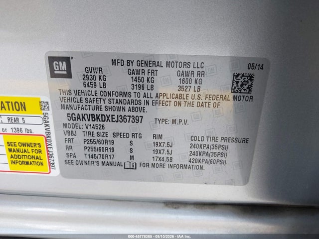 Aukcja sprzedaży 2014 Buick Enclave Leather, vin: 5GAKVBKDXEJ367397, numer aukcji: 45778385