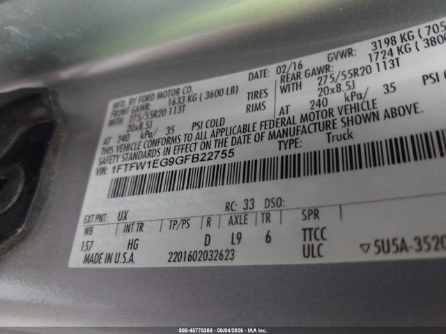 45778388 :رقم المزاد ، 1FTFW1EG9GFB22755 vin ، 2016 Ford F-150 Lariat مزاد بيع