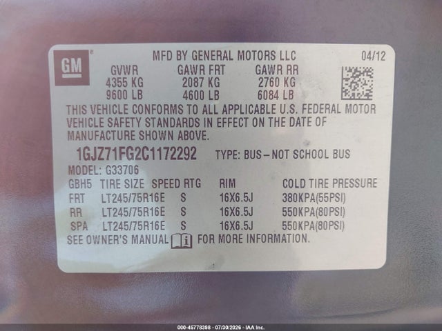2012 Gmc Savana 3500 Lt მანქანა იყიდება აუქციონზე, vin: 1GJZ71FG2C1172292, აუქციონის ნომერი: 45778398