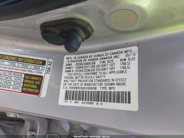 45778403 :رقم المزاد ، 2HKRM3H56CH504458 vin ، 2012 Honda Cr-v Ex مزاد بيع