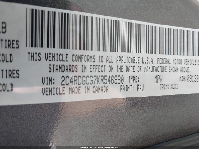 Продаж на аукціоні авто 2019 Dodge Grand Caravan Sxt, vin: 2C4RDGCG7KR546980, номер лоту: 45778417