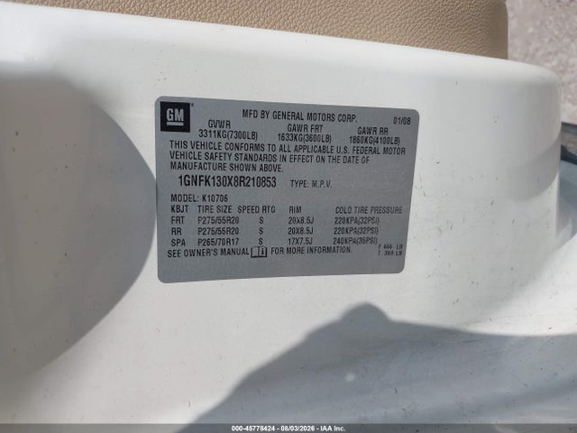 Aukcja sprzedaży 2008 Chevrolet Tahoe Ltz, vin: 1GNFK130X8R210853, numer aukcji: 45778424