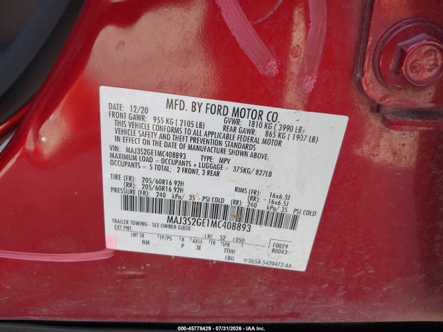 45778429 :رقم المزاد ، MAJ3S2GE1MC408893 vin ، 2021 Ford Ecosport Se مزاد بيع