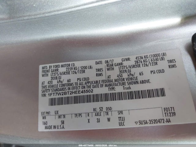1FT7W2BT2HEE45502 Ford F-250 Lariat