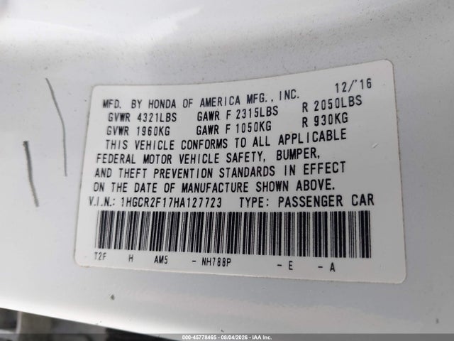 1HGCR2F17HA127723 Honda Accord Sport Se