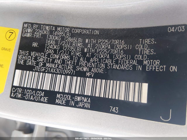 Продаж на аукціоні авто 2003 Toyota Highlander Limited, vin: JTEGF21AX30109971, номер лоту: 45778471