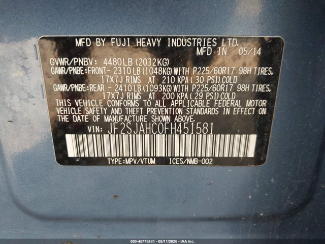 Aukcja sprzedaży 2015 Subaru Forester 2.5i Limited, vin: JF2SJAHC0FH451581, numer aukcji: 45778481