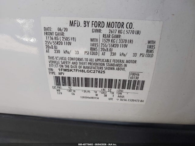45778482 :رقم المزاد ، 1FMSK7FH8LGC27825 vin ، 2020 Ford Explorer Limited مزاد بيع